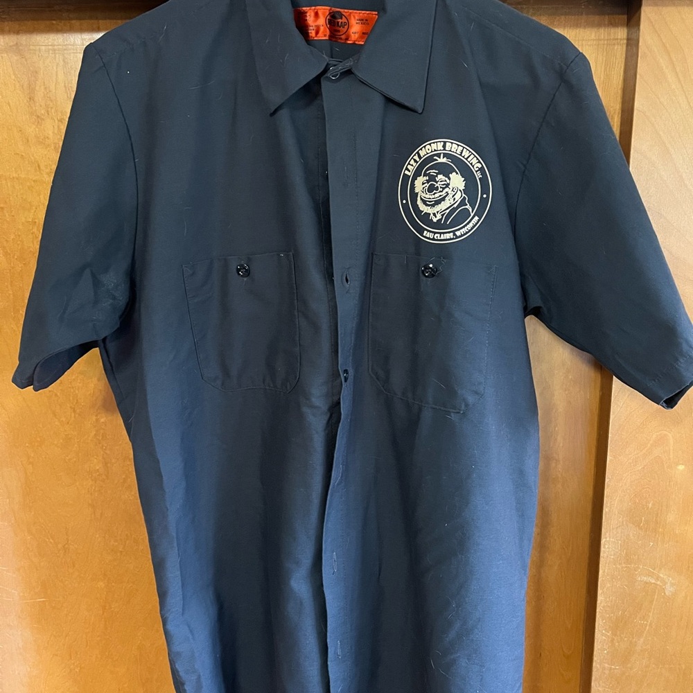 Gray Short Sleeve Work Shirt with Logo. Lazy Monk Brewing.